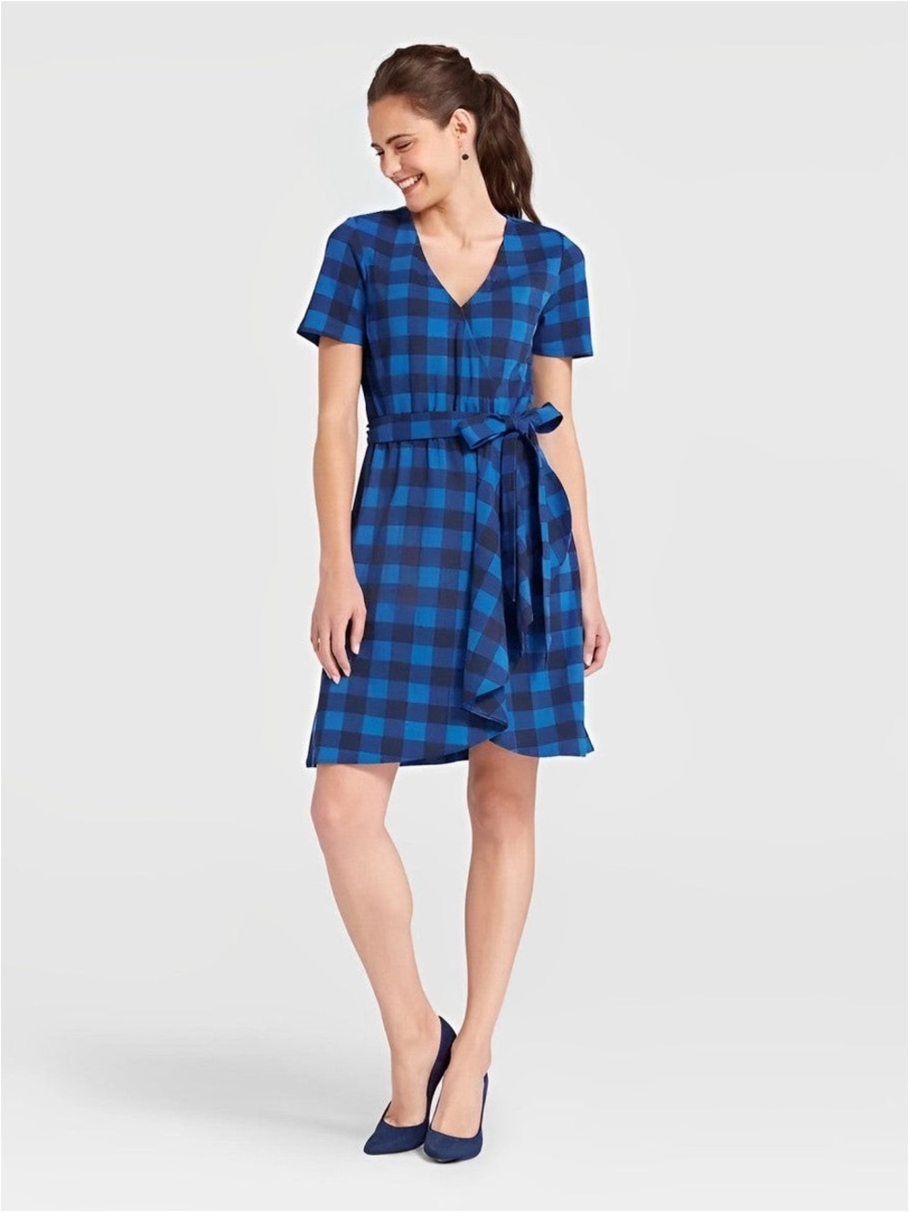 Draper James Blue Plaid Belted V-Neck Dress